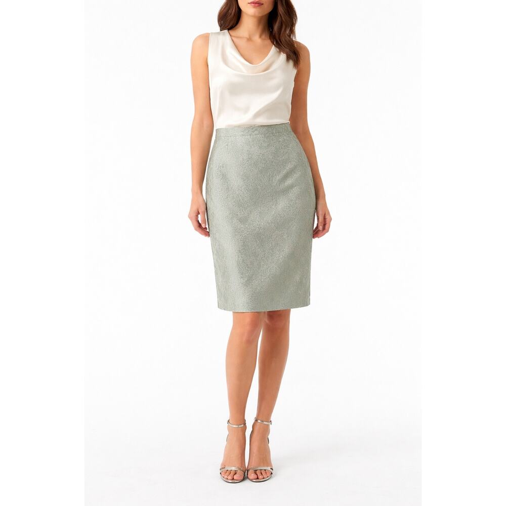 1990s Maggy London Sage Silver Metallic Jacquard Pencil Skirt USA Made 10